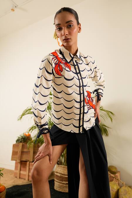 Shop_Urban Life_White Cotton Poplin Machine Embroidery Crab Collar Ocean Patchwork Shirt 