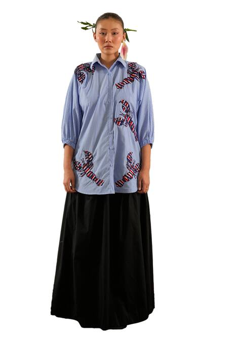 Urban Life_Blue Cotton Poplin Machine Embroidery Crab Collar Shirt _Online_at_Aza_Fashions