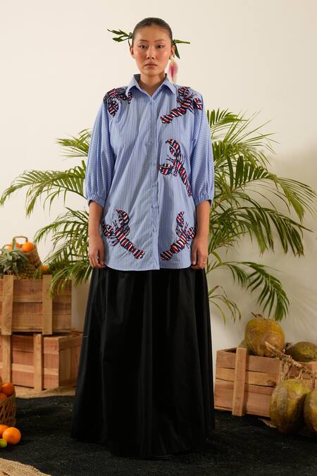 Buy_Urban Life_Blue Cotton Poplin Machine Embroidery Crab Collar Shirt _Online_at_Aza_Fashions