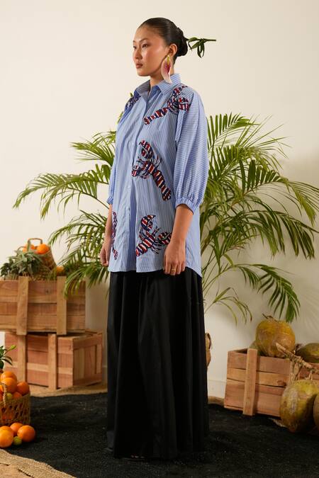 Shop_Urban Life_Blue Cotton Poplin Machine Embroidery Crab Collar Shirt _Online_at_Aza_Fashions