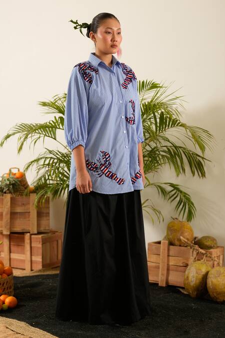 Urban Life_Blue Cotton Poplin Machine Embroidery Crab Collar Shirt _at_Aza_Fashions