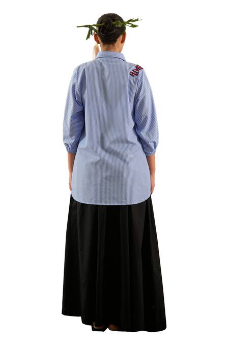 Buy_Urban Life_Blue Cotton Poplin Machine Embroidery Crab Collar Shirt 