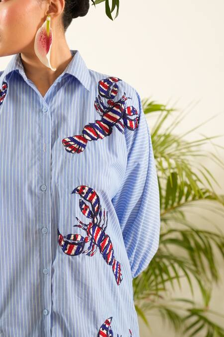 Shop_Urban Life_Blue Cotton Poplin Machine Embroidery Crab Collar Shirt 