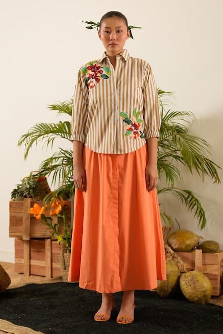 Urban Life Beige Cotton, Poplin Embroidery Collared Floral Patchwork Shirt Online at Aza Fashions Urban Life_Beige Cotton, Poplin Embroidery Collared Floral Patchwork Shirt_Online_at_Aza_Fashions