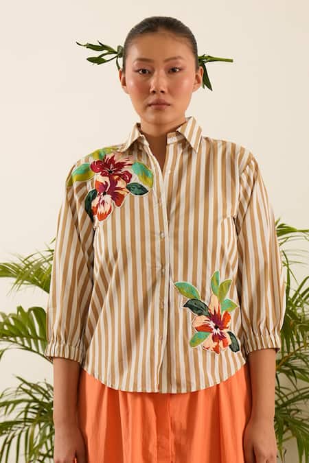 Buy Urban Life Beige Cotton, Poplin Embroidery Collared Floral Patchwork Shirt Online at Aza Fashions Buy_Urban Life_Beige Cotton, Poplin Embroidery Collared Floral Patchwork Shirt_Online_at_Aza_Fashions