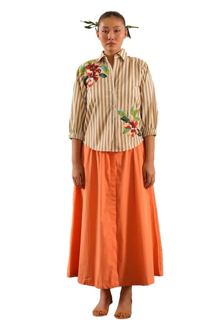 Shop Urban Life Beige Cotton, Poplin Embroidery Collared Floral Patchwork Shirt Online at Aza Fashions Shop_Urban Life_Beige Cotton, Poplin Embroidery Collared Floral Patchwork Shirt_Online_at_Aza_Fashions