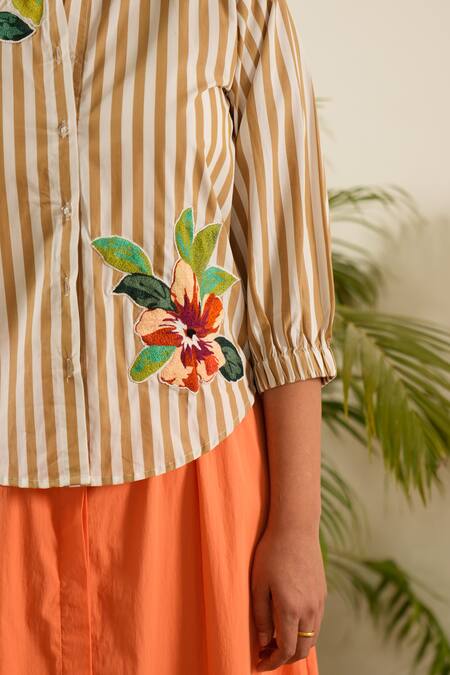 Buy Urban Life Beige Cotton, Poplin Embroidery Collared Floral Patchwork Shirt Buy_Urban Life_Beige Cotton, Poplin Embroidery Collared Floral Patchwork Shirt