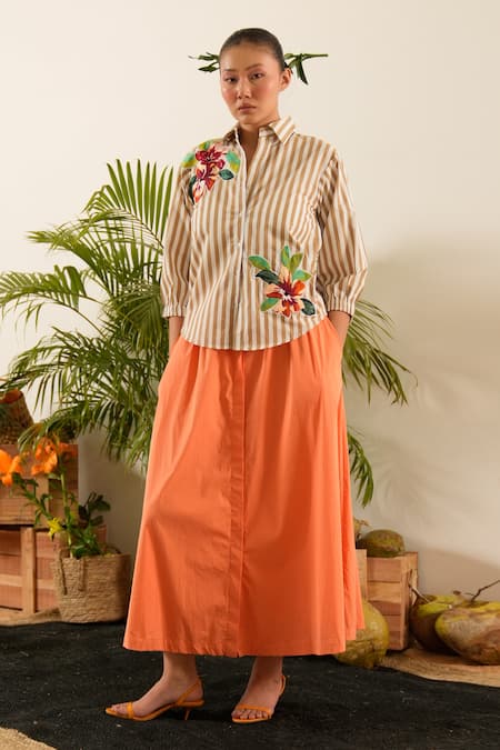 Shop Urban Life Beige Cotton, Poplin Embroidery Collared Floral Patchwork Shirt Shop_Urban Life_Beige Cotton, Poplin Embroidery Collared Floral Patchwork Shirt