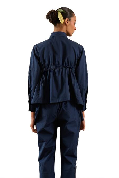 Urban Life Blue Cotton Cut Work Collared Low-high Poplin Ruched Shirt Online at Aza Fashions Urban Life_Blue Cotton Cut Work Collared Low-high Poplin Ruched Shirt _Online_at_Aza_Fashions