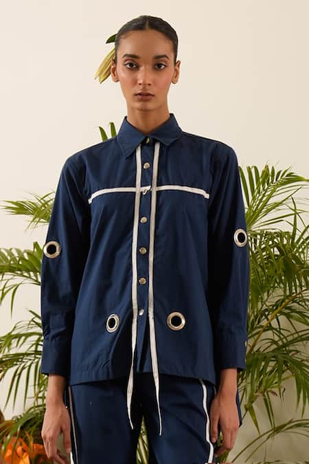 Buy Urban Life Blue Cotton Cut Work Collared Low-high Poplin Ruched Shirt Online at Aza Fashions Buy_Urban Life_Blue Cotton Cut Work Collared Low-high Poplin Ruched Shirt _Online_at_Aza_Fashions