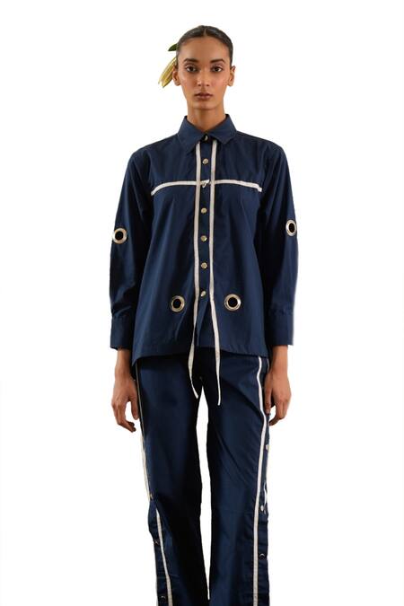 Shop Urban Life Blue Cotton Cut Work Collared Low-high Poplin Ruched Shirt Online at Aza Fashions Shop_Urban Life_Blue Cotton Cut Work Collared Low-high Poplin Ruched Shirt _Online_at_Aza_Fashions