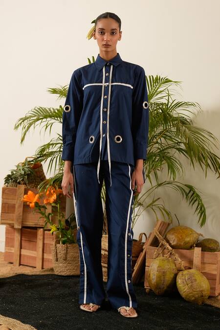 Urban Life Blue Cotton Cut Work Collared Low-high Poplin Ruched Shirt at Aza Fashions Urban Life_Blue Cotton Cut Work Collared Low-high Poplin Ruched Shirt _at_Aza_Fashions