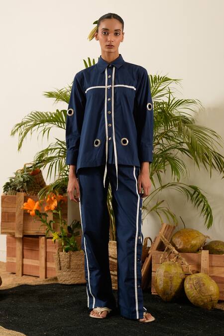 Buy Urban Life Blue Cotton Cut Work Collared Low-high Poplin Ruched Shirt Buy_Urban Life_Blue Cotton Cut Work Collared Low-high Poplin Ruched Shirt