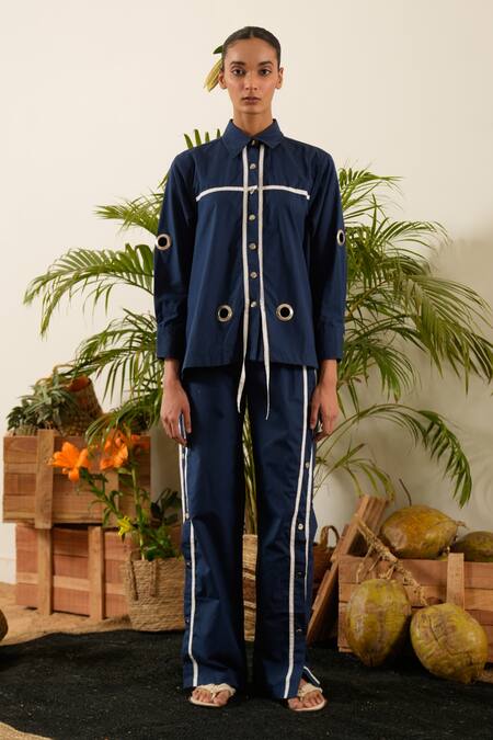 Shop Urban Life Blue Cotton Cut Work Collared Low-high Poplin Ruched Shirt Shop_Urban Life_Blue Cotton Cut Work Collared Low-high Poplin Ruched Shirt