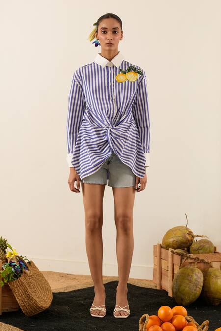Urban Life_Blue Cotton Embroidery Collared Lemon Poplin Twisted Knot Shirt_Online_at_Aza_Fashions