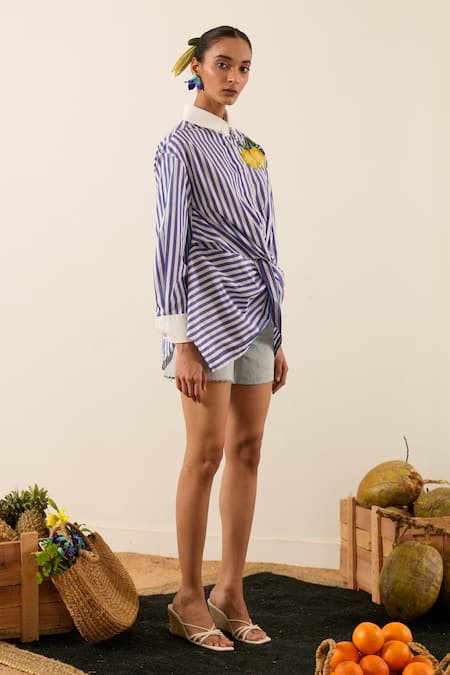 Shop_Urban Life_Blue Cotton Embroidery Collared Lemon Poplin Twisted Knot Shirt_Online_at_Aza_Fashions