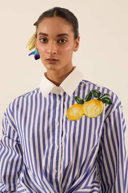 Urban Life_Blue Cotton Embroidery Collared Lemon Poplin Twisted Knot Shirt_at_Aza_Fashions