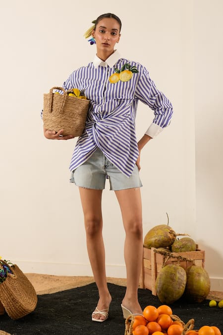 Buy_Urban Life_Blue Cotton Embroidery Collared Lemon Poplin Twisted Knot Shirt