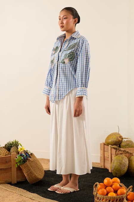 Urban Life_Blue Cotton, Poplin Embroidery Collared Leafy Patchwork Shirt_Online_at_Aza_Fashions