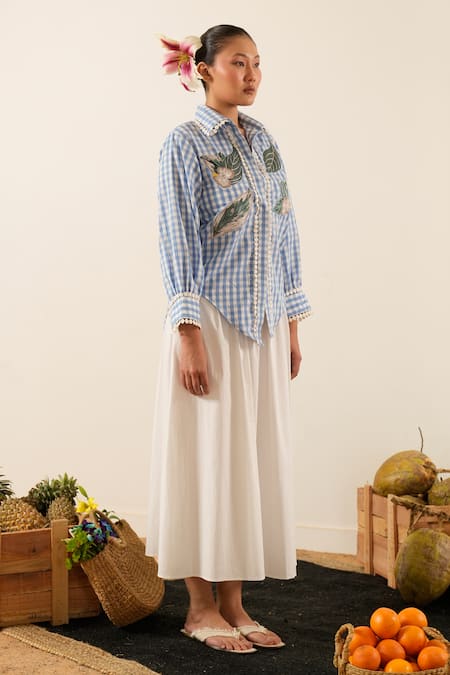 Buy_Urban Life_Blue Cotton, Poplin Embroidery Collared Leafy Patchwork Shirt_Online_at_Aza_Fashions
