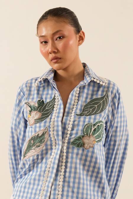 Shop_Urban Life_Blue Cotton, Poplin Embroidery Collared Leafy Patchwork Shirt_Online_at_Aza_Fashions