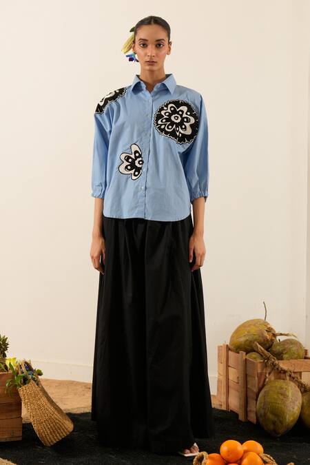Urban Life_Blue Cotton, Poplin Embroidery Collared Abstract Floral Patchwork Shirt_Online_at_Aza_Fashions