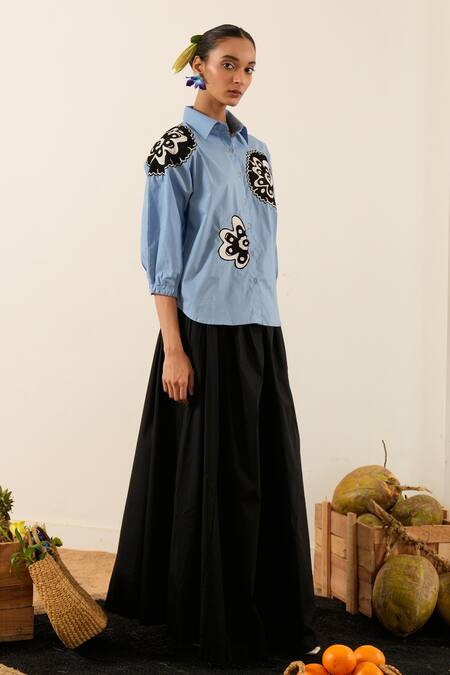 Shop_Urban Life_Blue Cotton, Poplin Embroidery Collared Abstract Floral Patchwork Shirt_Online_at_Aza_Fashions