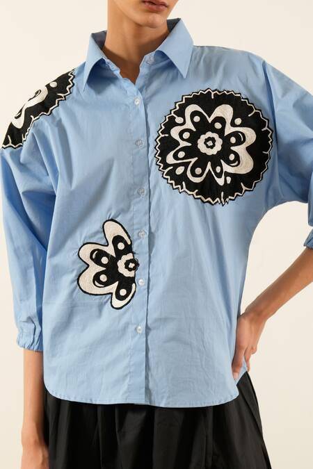 Urban Life_Blue Cotton, Poplin Embroidery Collared Abstract Floral Patchwork Shirt_at_Aza_Fashions