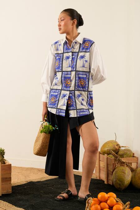 Shop Urban Life White Cotton Patchwork Collared Poplin Print Shirt Online at Aza Fashions Shop_Urban Life_White Cotton Patchwork Collared Poplin Print Shirt_Online_at_Aza_Fashions