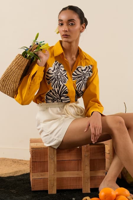 Urban Life_Yellow Cotton Embroidery Collared Poplin Abstract Patchwork Shirt_Online_at_Aza_Fashions