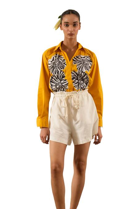 Urban Life_Yellow Cotton Embroidery Collared Poplin Abstract Patchwork Shirt_at_Aza_Fashions