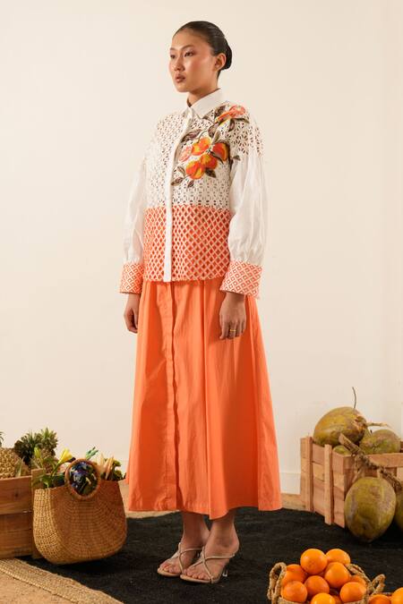 Urban Life_White Cotton, Poplin Embroidery Collared Orange Schiffli Patchwork Shirt _Online_at_Aza_Fashions