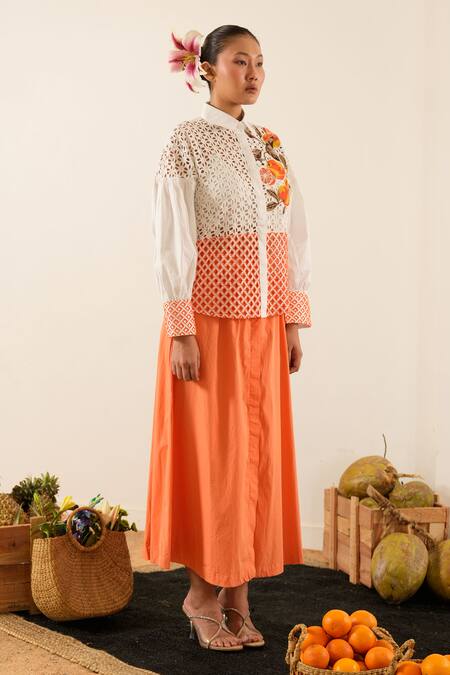 Buy_Urban Life_White Cotton, Poplin Embroidery Collared Orange Schiffli Patchwork Shirt _Online_at_Aza_Fashions