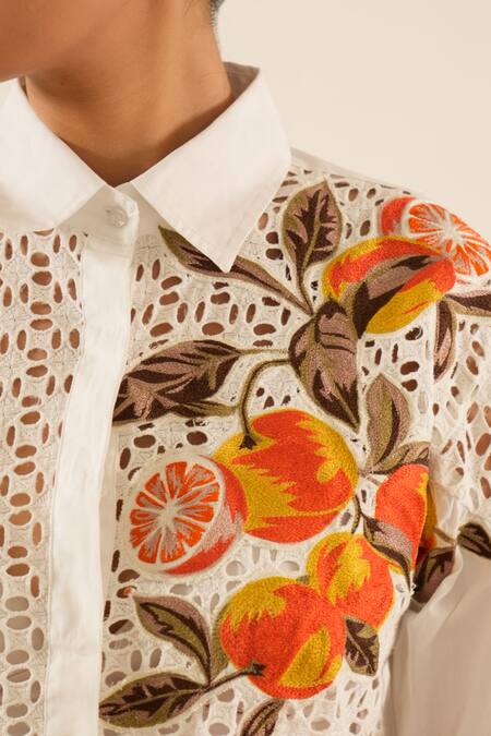 Shop_Urban Life_White Cotton, Poplin Embroidery Collared Orange Schiffli Patchwork Shirt _Online_at_Aza_Fashions