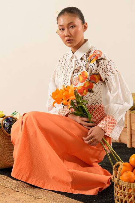 Urban Life_White Cotton, Poplin Embroidery Collared Orange Schiffli Patchwork Shirt _at_Aza_Fashions