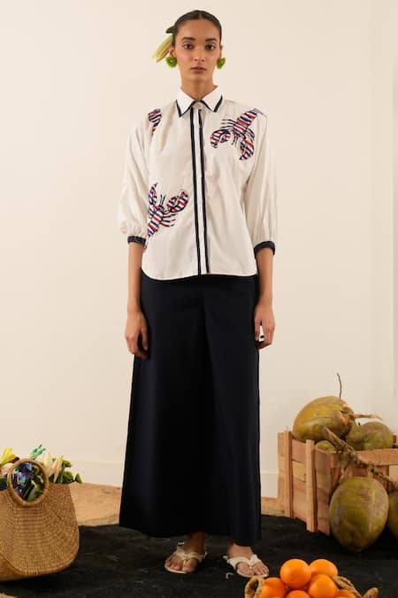 Urban Life_White Cotton Embroidery Collared Crab Poplin Patchwork Shirt_Online_at_Aza_Fashions