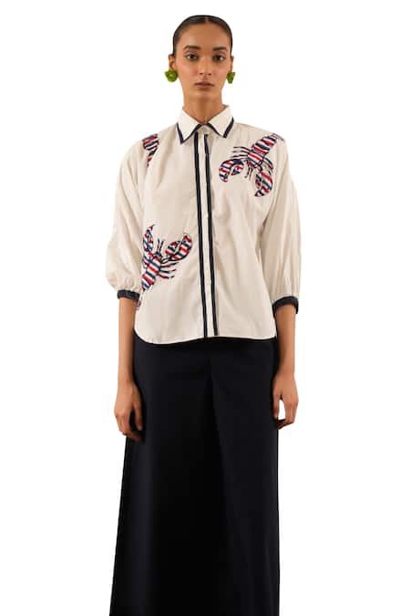 Buy_Urban Life_White Cotton Embroidery Collared Crab Poplin Patchwork Shirt_Online_at_Aza_Fashions