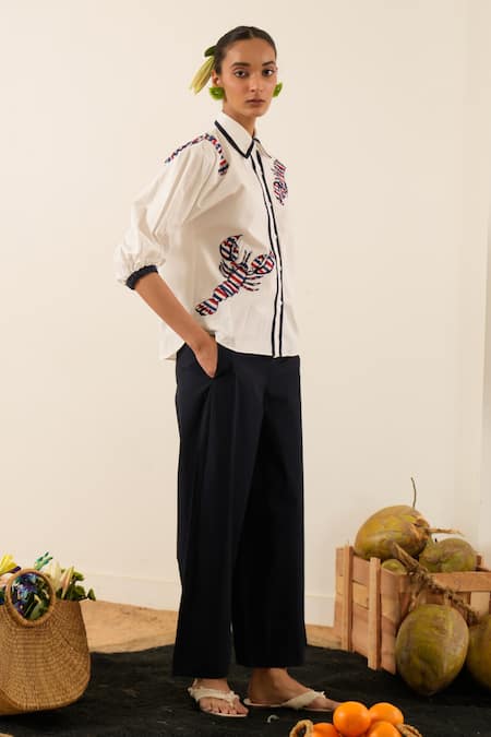 Shop_Urban Life_White Cotton Embroidery Collared Crab Poplin Patchwork Shirt_Online_at_Aza_Fashions