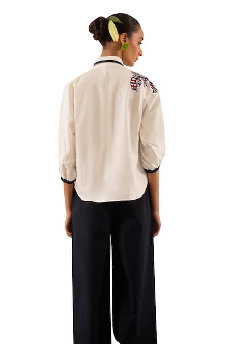 Urban Life_White Cotton Embroidery Collared Crab Poplin Patchwork Shirt_at_Aza_Fashions