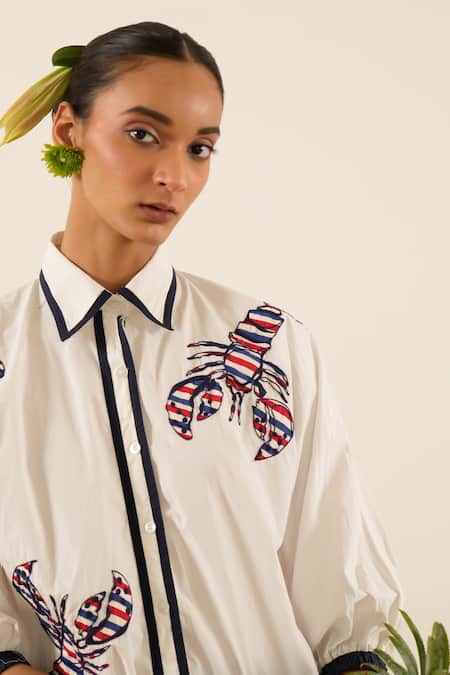Buy_Urban Life_White Cotton Embroidery Collared Crab Poplin Patchwork Shirt