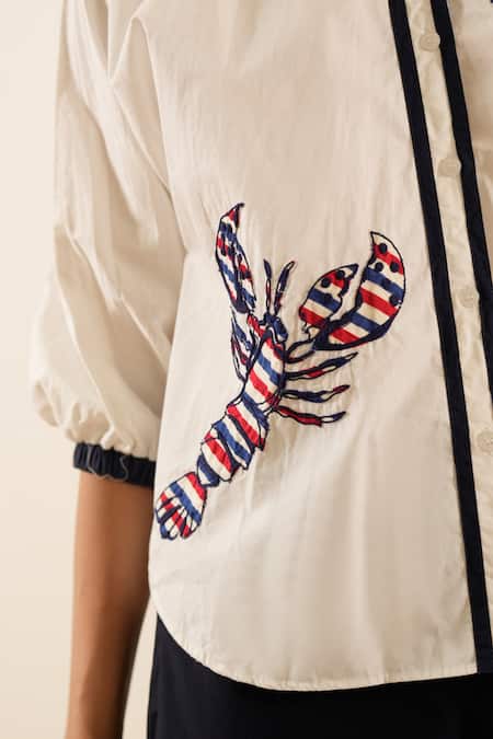 Shop_Urban Life_White Cotton Embroidery Collared Crab Poplin Patchwork Shirt