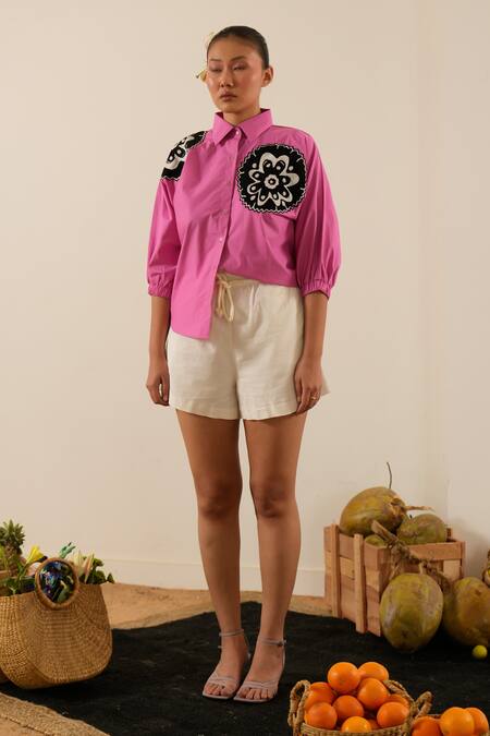 Urban Life Pink Cotton Embroidery Collared Poplin Abstract Floral Patchwork Shirt Online at Aza Fashions Urban Life_Pink Cotton Embroidery Collared Poplin Abstract Floral Patchwork Shirt_Online_at_Aza_Fashions