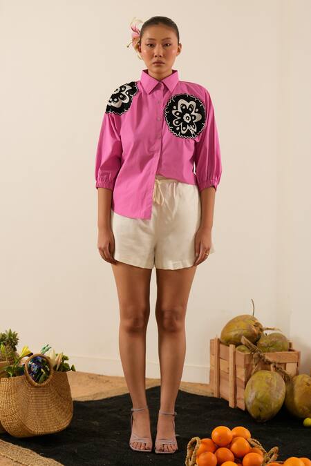 Buy Urban Life Pink Cotton Embroidery Collared Poplin Abstract Floral Patchwork Shirt Online at Aza Fashions Buy_Urban Life_Pink Cotton Embroidery Collared Poplin Abstract Floral Patchwork Shirt_Online_at_Aza_Fashions