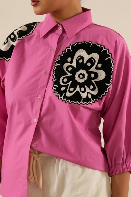 Shop Urban Life Pink Cotton Embroidery Collared Poplin Abstract Floral Patchwork Shirt Online at Aza Fashions Shop_Urban Life_Pink Cotton Embroidery Collared Poplin Abstract Floral Patchwork Shirt_Online_at_Aza_Fashions