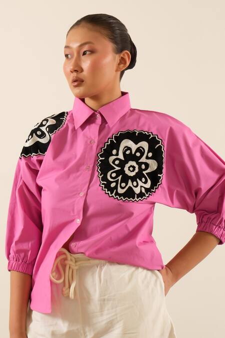 Buy Urban Life Pink Cotton Embroidery Collared Poplin Abstract Floral Patchwork Shirt Buy_Urban Life_Pink Cotton Embroidery Collared Poplin Abstract Floral Patchwork Shirt