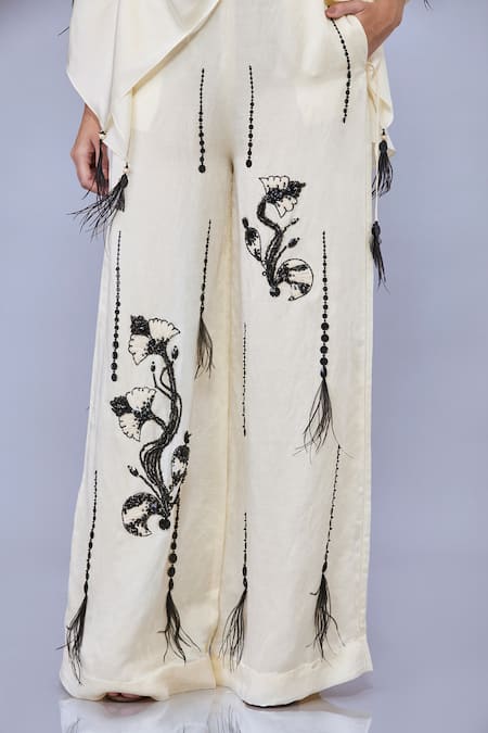 Dilnaz_Cream Blended Satin Linen Embroidered Sequin Contrast Flared Trouser_Online_at_Aza_Fashions