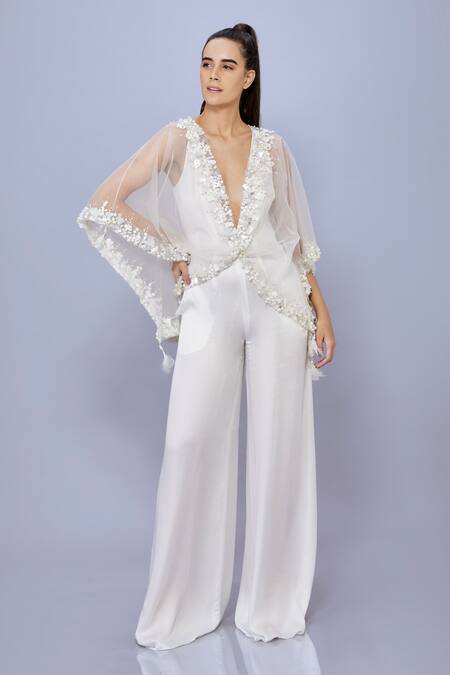 DILNAZ Ivory Net Hand Embroidered Sequin Kaftan And Jumpsuit Plung V With 