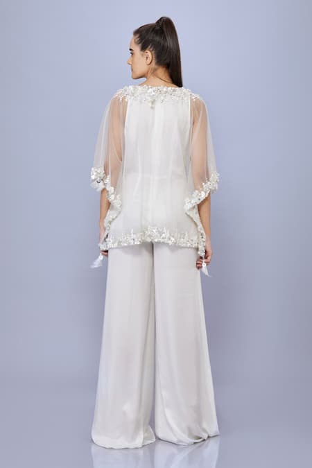 Shop_Dilnaz_Ivory Net Hand Embroidered Sequin Kaftan And Jumpsuit Plung V With_at_Aza_Fashions