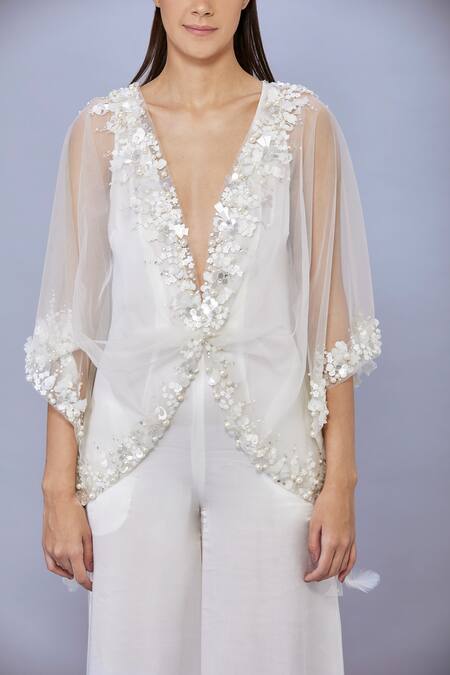 Dilnaz_Ivory Net Hand Embroidered Sequin Kaftan And Jumpsuit Plung V With_Online_at_Aza_Fashions