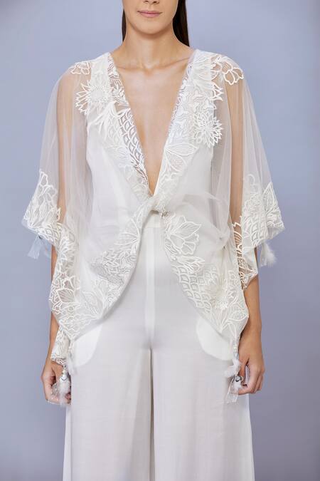 Dilnaz Ivory Net Embroidered Thread Kaftan And Jumpsuit Plung V Hand & Set Online at Aza Fashions Dilnaz_Ivory Net Embroidered Thread Kaftan And Jumpsuit Plung V Hand & Set_Online_at_Aza_Fashions